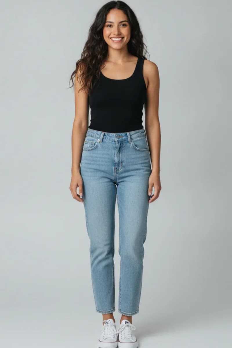 Ganzkörperfoto einer Frau in schwarzem Tanktop und Jeans als Ausgangsfoto