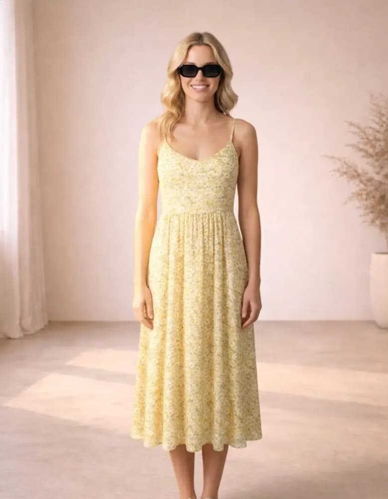 Résultat de l’essayage IA : la même femme en robe d’été jaune et lunettes noires dans la pièce rose